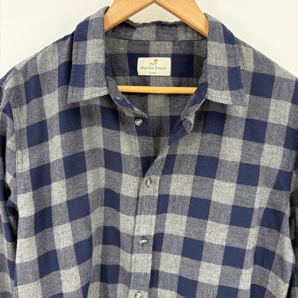 Marine Layer Sz L Long Sleeve Flannel Shirt Button Up Blue Gray Plaid Check